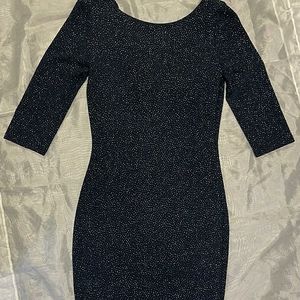 Low Hanging Back Long Sleeve dark Blue Dress Sparkling Night Dress